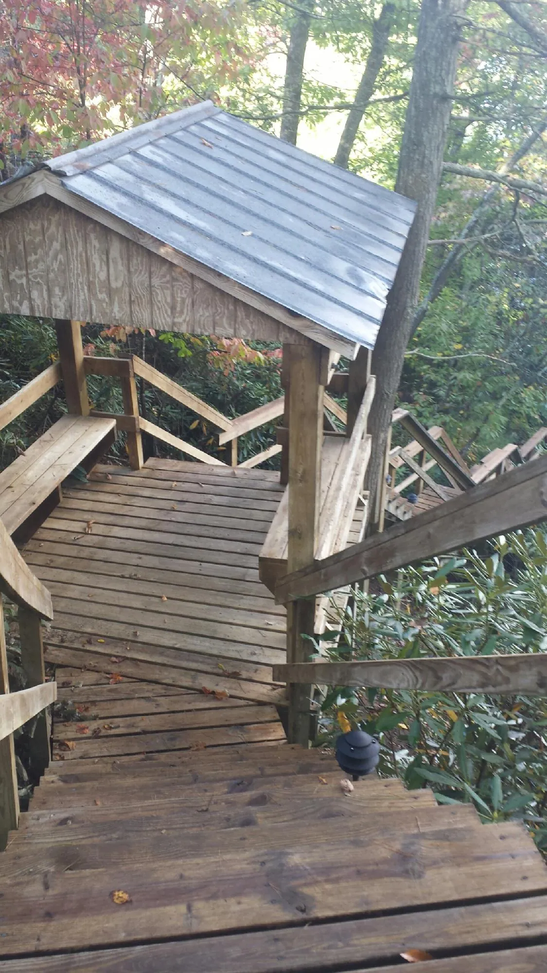 Metal roofed shelter over wooden steps on a wooded walkway — Skylight Repair & Installation work by our crew in Richville
